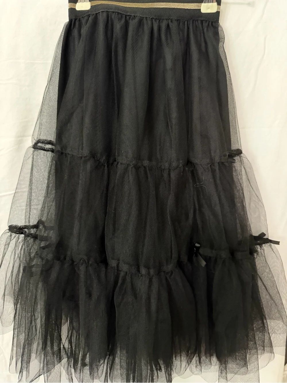 Black Tiered Tulle Midi Skirt with Ribbon Accents